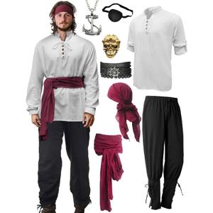 Verceco Mens Pirate Costume Outfit Renaissance Costume Men Medieval Outfit With Pirate Pants Shirts Sash Accessories (white, XX-Large)