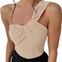 OYOANGLE Women's Textured One Shoulder Going Out Bodysuit Tops Twist Front Ruched Sleeveless Tank Top Body Suits (Apricot), XS