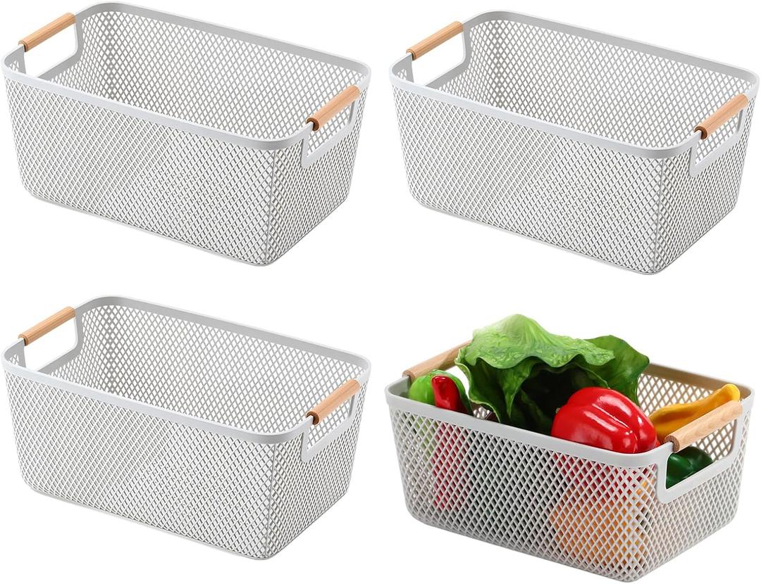 Ziliny 4 Pcs Plastic Mesh Baskets with Handles - Mesh Storage Hanging Organizer Bin Container Baskets for Home Organizing Pantry Closet Cabinet Kitchen Fridge Fruit Snacks Gifts, Grey(Medium)