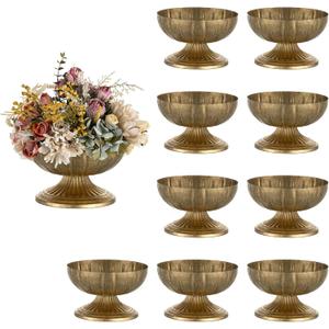 NUPTIO Gold Compote Vase for Centerpiece: 8.5" Wide Short Pedestal Footed Bowl for Flowers - Distressed Brass Urn for Decorative Wedding Table Set of 10