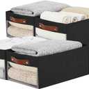 Medium Storage Baskets with Clear Window, See Through Closet Organizer with PU Handles, Linen Foldable Storage Bins for Organizing Clothes, Toys, Books (Black) (Medium-16"x11"x7")