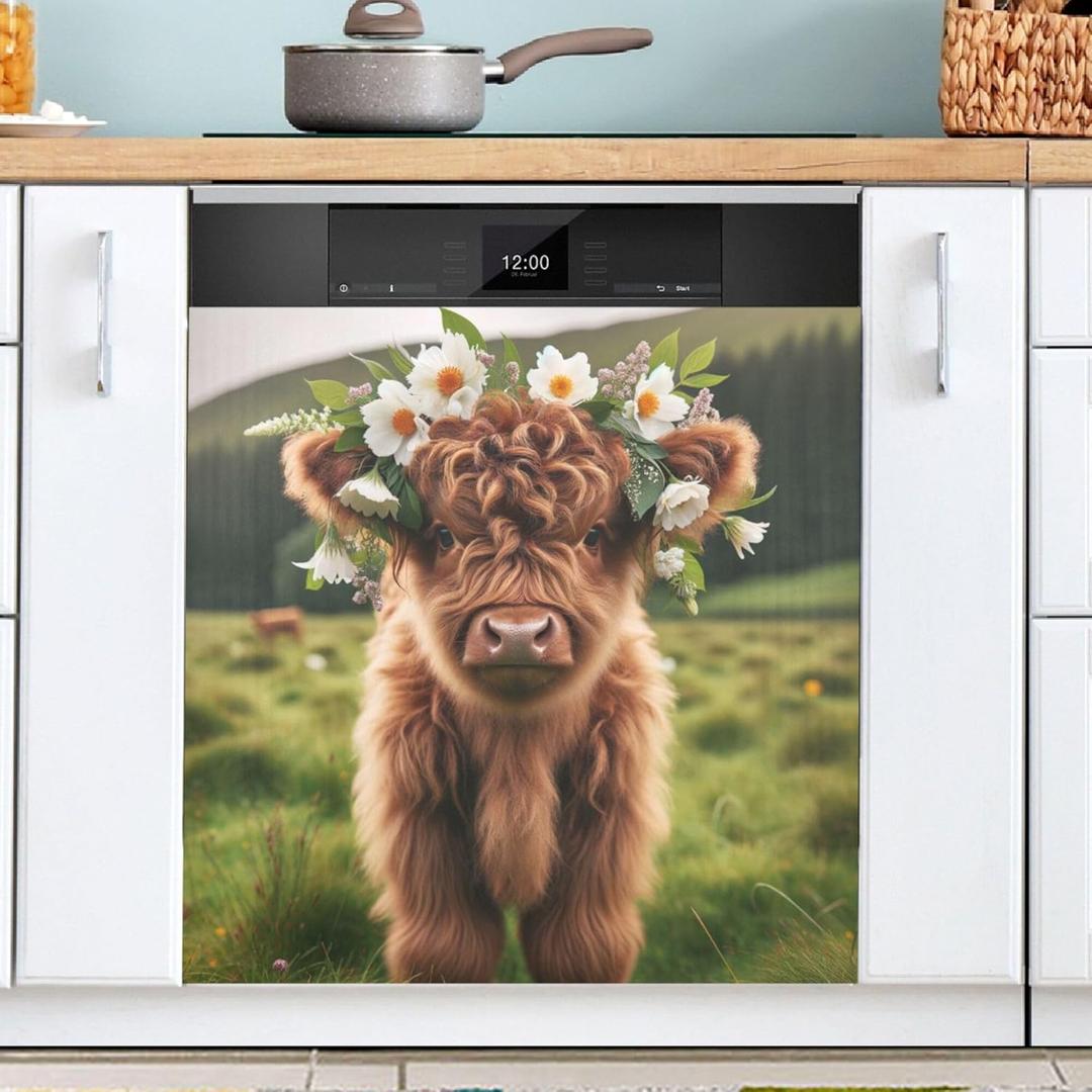 Exnundod Magnet Dishwasher Cover Scotland Highland Cow Flowers Magnetic Cover for Dishwasher Door Dishwasher Magnet Cover Panel Refrigerator Spring Summer Decortive Sticker 23x26 Inch