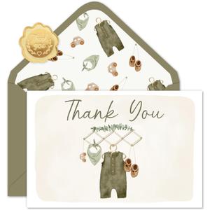 Whaline 50 Pack Baby Shower Thank You Cards Boxed Vintage Green Baby Cloth Note Cards with Envelopes Stickers Greeting Blank Card for Birthday Party