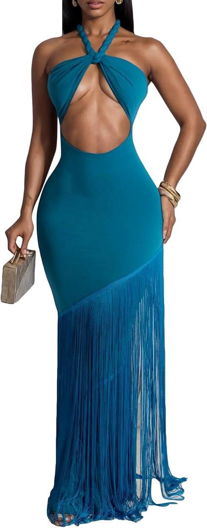 Women's Sexy Halter Backless Maxi Dress Cut Out Sleeveless Bodycon Long Fringes Club Party Cocktail Dresses (Medium, Blue)