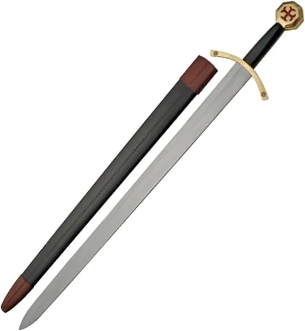 SZCO 37" Knights Templar Sword Medieval Crusader Decorative Knight Sword with Black Leather Wrapped Handle & Matching Leather Scabbard for Adults, Cosplay & Display