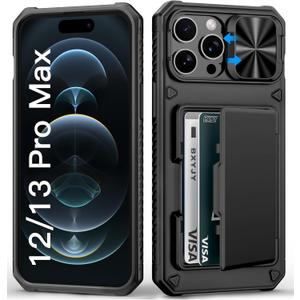 BXYJY for iPhone 12 Pro Max & 13 Pro Max Case Wallet, Card Holder (4-5 Cards), Slide Camera Cover, Military Drop Protection, Rugged Heavy Duty Men Women Phone Case for iPhone 12 Pro Max, Black