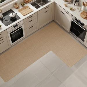 Anti-Slip Corner Kitchen Rug, 1 Piece L-Shaped Floor Mats,Super Absorption Linen Corner Mat for Home,Kitchen (Beige Left-L, 39''X59''X18'')