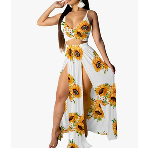 Women Sexy 2 Piece Outfits Dress Chiffon Strap Deep V Neck Bra Crop Top High Split Maxi Dresses Skirt Set
Size M