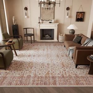 Vintage 8x10 Washable Area Rug, Low-Profile Large Area Rug with Non-Slip Backing & Durable Edge Binding, Pet-Friendly Carpet, Large Rug for Living Room, Bedroom, Dinning Room (Autumn Speckle/Orange)