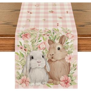 Artoid Mode Bunny Rabbit Flowers Leaves Pink Buffalo Plaid Easter Table Runner, Spring Kitchen Dining Table Decoration for Home Party Decor 13x108 Inch