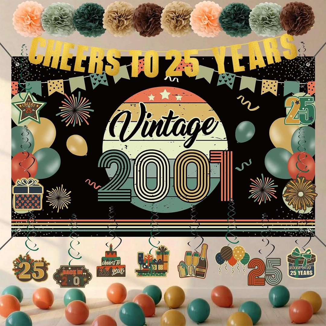 RoundFunny Vintage 25th Birthday Decorations for Men Women 2001 Banner Decorations, Including Back in 2001 Backdrop, Cheers to 25 Years Banner, 12 Hanging Swirl, 10 Paper Poms