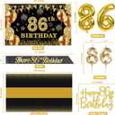 86th Birthday Decorations Men Women with 86th Birthday Banner, Black and Gold Table Cloth, Number Balloons, Sash, Cake Topper and Candles