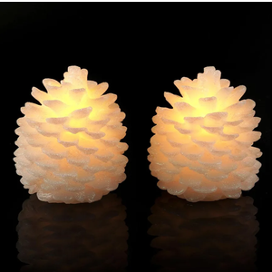Homemory 2 Pcs Pine Cone Candles Flameless, White LED Flickering Lights with 6 Hours Timer, Battery Operated Candles for New Year Celebration Holiday Decorations D4.3 x H4.7 Inches