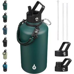BJPKPK 2/3 Gallon Water Bottle with Straw Lid, 50oz, 64oz, 87oz, 128oz Large, Stainless Steel Water Bottles with 3 Lids and Paracord Handle, Double Wall Vacuum Metal Water Jug, Army Green