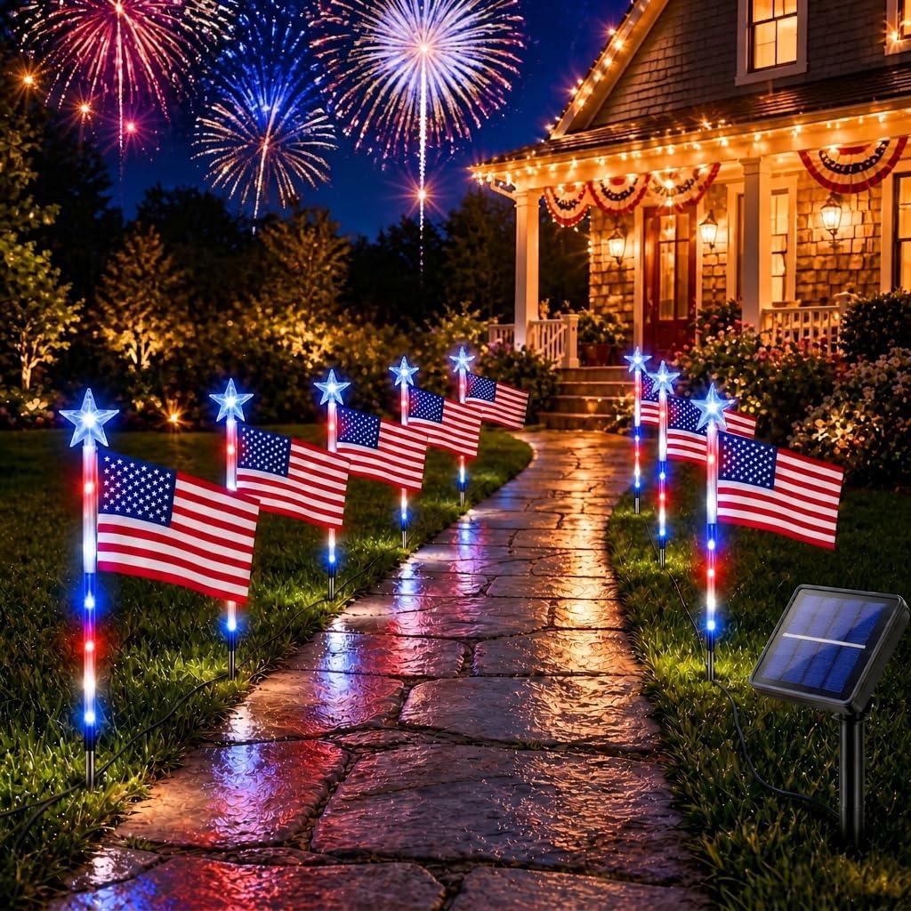 8 Pack Solar American Flag Pathway Lights with 8 Modes, Patriotic Pathway Lights, Red White Blue Waterproof LED Outdoor Yard Garden Decorations for 4th of July