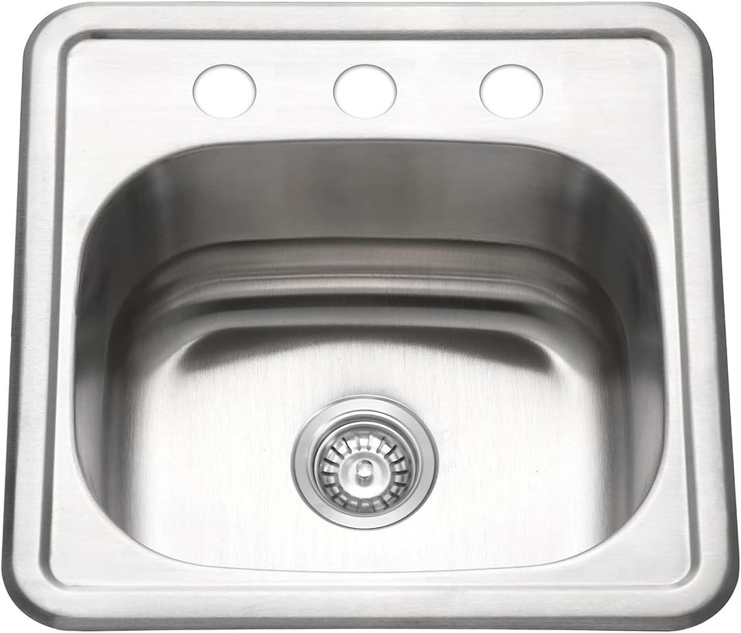 15 Inch Small Kitchen Sink, Topmount Stainless Steel Bar & RV Sink | 15x15x6 Inch Drop-in Single Bowl Sink with Drainer, 3-Hole Brushed Finish for Home & Apartment