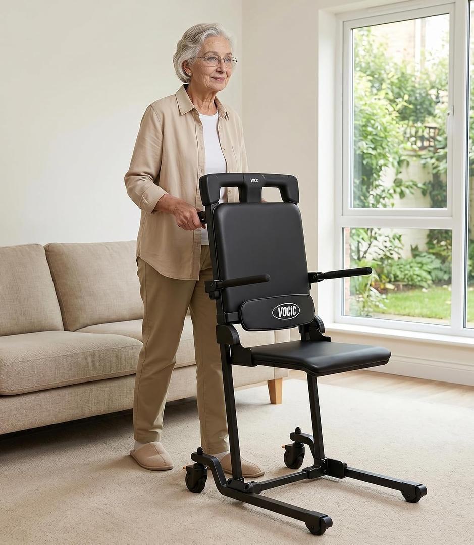 VOCIC Movable Electric Chair Lift, Floor Lift for Elderly Falls with Leather Padded Seat, Short-Distance Transport, Help Stand from Floor for Seniors, Supports 440 LBS, (AX35 PRO, Black)