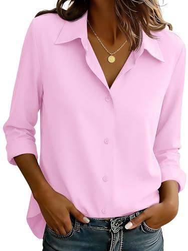EverVoguant Pink Tops for Women Long Sleeve Button Down Shirt Dressy Work Office Blouses Going Out Top Shirts Dress Women's Slim Fit Collared Wrinkle Free Hot Pink Size M