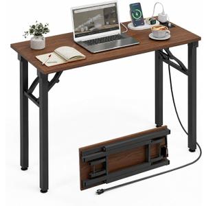 XBurmo Small Folding Desk Folding Table, No Assembly Foldable Desk Gaming Desk, 35.8-Inch Computer Table Workstation with 2 AC Outlets and 2 USB Ports for Bedroom and Home Office, Dark Walnut, 35.8 x 15.7 Inch