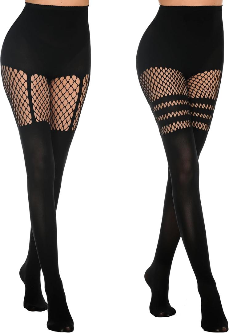 MANZI Womens Faux Thigh High Fishnet Stockings Stitching Opaque Pantyhose Mock Over the Knee Goth Striped Suspender Tights (Black)