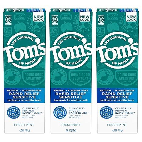 Tom's of Maine FluorideFree Rapid Relief Sensitive Toothpaste, Fresh Mint, 4 oz. 3Pack 