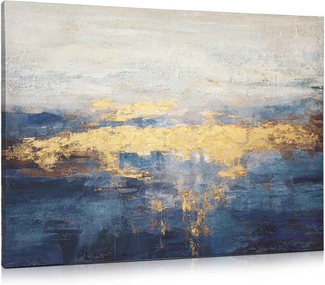 Briful Extra Large Abstract Canvas Wall Art for Living Room & Bedroom - Indigo, White, Gold - 32'' x 24'' (Blue)
