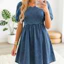 Denim Dress Babydoll Jean Square Neck Puff Sleeve Casual Country Concert Dresses with Pockets for Women 2026 (Blue, L)