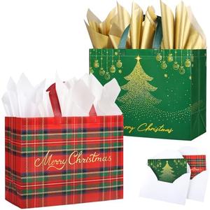 YANGTE 2 Pack 13" Large Christmas Gift Bags with Tissue Paper, Reusable Non-Woven Christmas Bag with Handles for Holiday Presents Wrapping, Holiday Tote Bags for Gifts Wrapping Xmas Party Favors