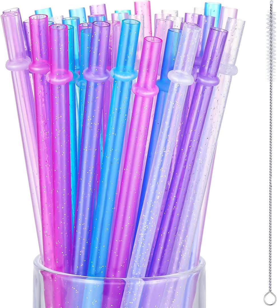 50 Pieces Glitter Reusable Straws Plastic 9 Inch Clear Drinking Straws Hard Plastic for 16 oz 20 oz Stanley with Cleaning Brush, 6 Colors
