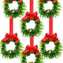 6 Pcs Christmas Kitchen Cabinet Wreaths with Ribbon Small Mini Christmas Wreath for Window Door Chair Wall Xmas Decoration(Fresh)