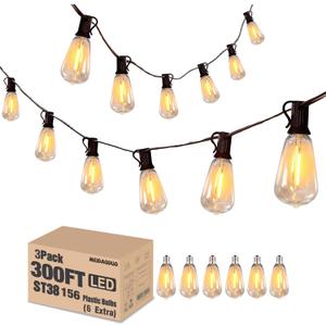 300FT Edison String Lights Outdoor Waterproof with 150+6 Extral LED Shatterproof ST38 Edison Bulbs 2200K for Outside Patio Pergola Backyard Bistro Lights, 3 x 100FT Connectable