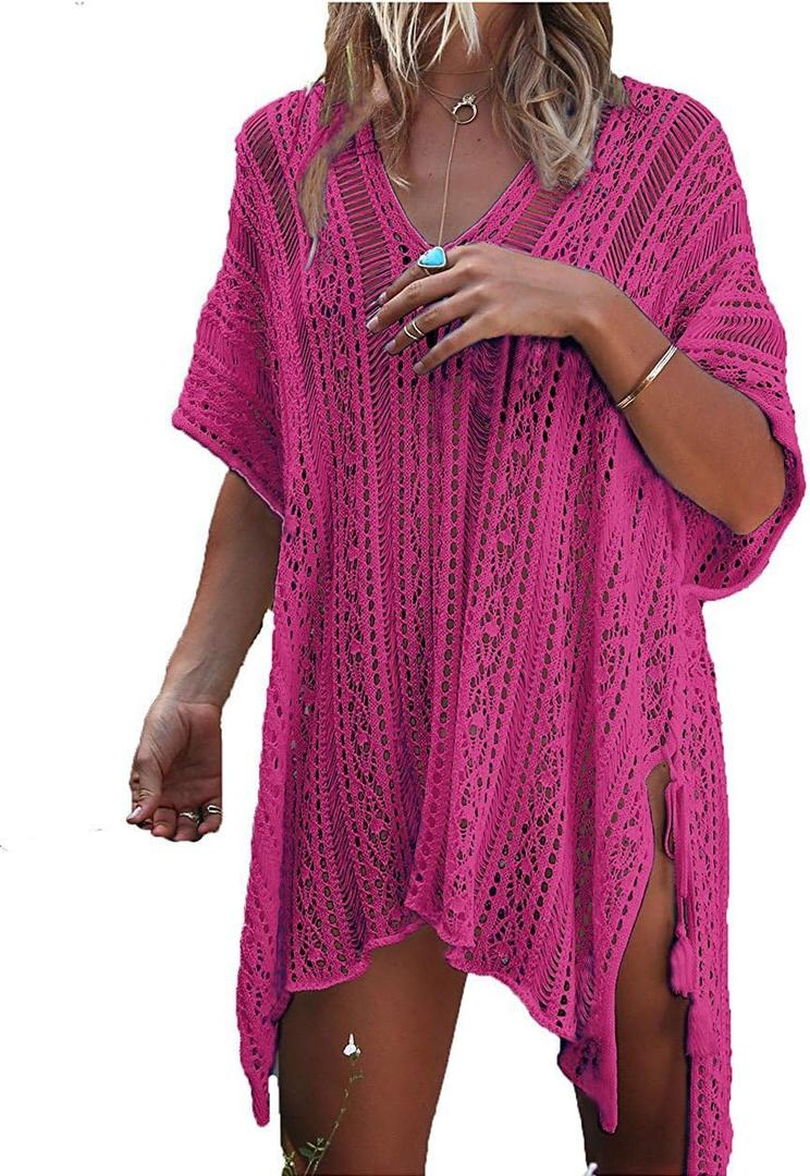 HARHAY Women's Summer Swimsuit Bikini 2023 Beach Swimwear Crochet Cover up (01 Rose Red)