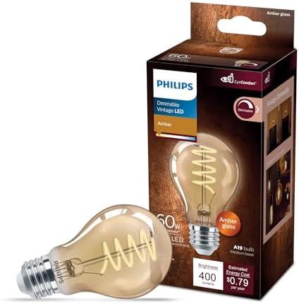 Philips LED 60W A19 1-Pack Vintage Edison Spiral Amber (2000K) 400 Lumen (6.5W = 60W) Dimmable Flicker-Free Light Bulb