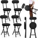 4 Pack Folding Bar Stool Cushioned Padded Folding Stool, 19 Inch Height Bar Stools with Backrest, Faux Leather Seat, Black Foldable Chair Support 220 LBS for Kitchen Room Hiking Camping Fish