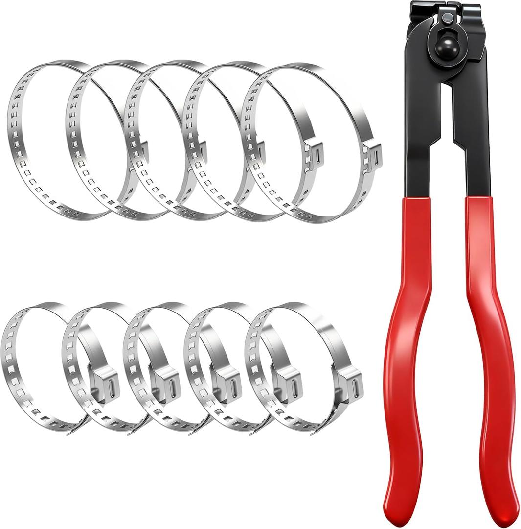 CV Boot Clamp Plier with 10PCS 304 Stainless Steel Crimp Bands, 5PCS Small and 5PCS Large Universal Adjustable Drive Shaft Drive Shaft Joint Boot Crimp Clamps for Most Cars