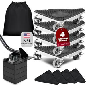 Heavy Duty Furniture Dolly Set with Lifter 360 Rotating Rollers, Floor Protection, Gloves & Storage Bag Easy Moving Tool for Home or Office (2650)