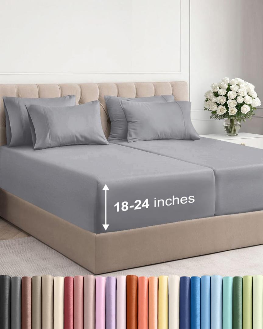 Extra Deep Split King Sheet Set - 7 Piece Breathable and Cooling Sheets - Hotel Luxury Bedding for Women, Men, Kids & Teens - Easy Secure Fit - Soft & Wrinkle Free - Extra Deep Pockets - Steel Blue