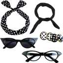 Aneco 6 Pack 50s Set Chiffon Scarf Cat Eye Glasses Bandana Tie Headband Earrings (Black)