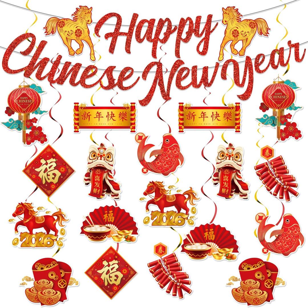 Chinese New Year Decorations 2026, 19Pcs Lunar New Year Decorations Spring Festival Hanging Swirls,Chinese Snake Decorations Red Ceiling Hanging Supplies for Chinese New Years 2026 Snake Party