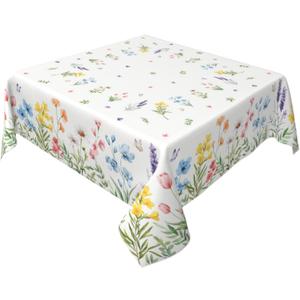 Spring Floral Tablecloth Square 60x60 Inch Green Pink Blue Yellow White Flower Leaves Wildflower Summer Decorative Table Cloth Seasonal Farmhouse for Indoor Party Kitchen Dinner Picnic Decor