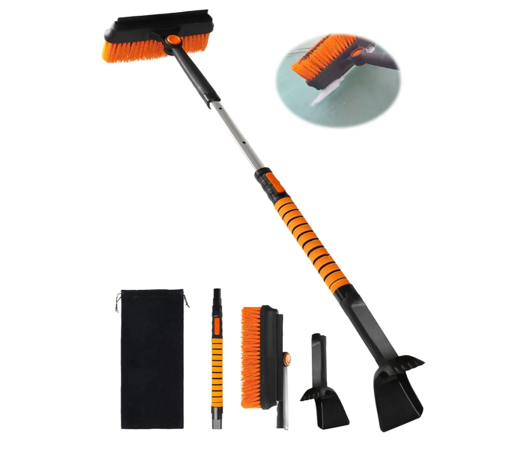90° Fixed Rotation 3in1 Car Snow Brush and Ice Scraper for Cars Windshield with Silicone Squeegee Ergonomic Aluminum Foam Grip Handle 43.3" Extendable for Car Truck SUV Home Winter Snow Removal