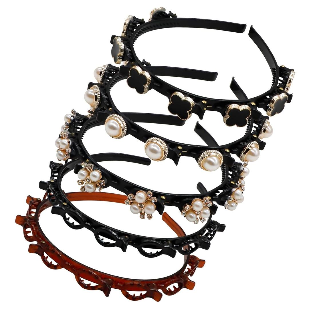 5Pcs Double Bangs Hairstyle Hairpin, Double Layer Twist Plait with Rhinestone, Korean Braided Headbands with Clips Woven Flower, Hair Accessories for Women Girls Women's Day (Black, Brown)
