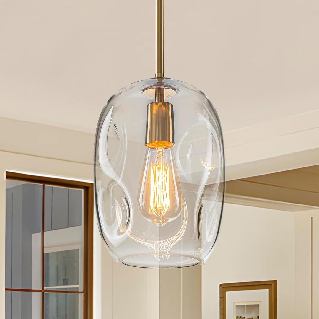 Glass Pendant Lights Kitchen Island -1 Light Gold Hanging Light Fixture Bar Modern Pendant Lighting Ceiling with 9.6" Height Clear Thick Organic Glass Shade for Kitchen Sink Dining Table,E26,1 Pack