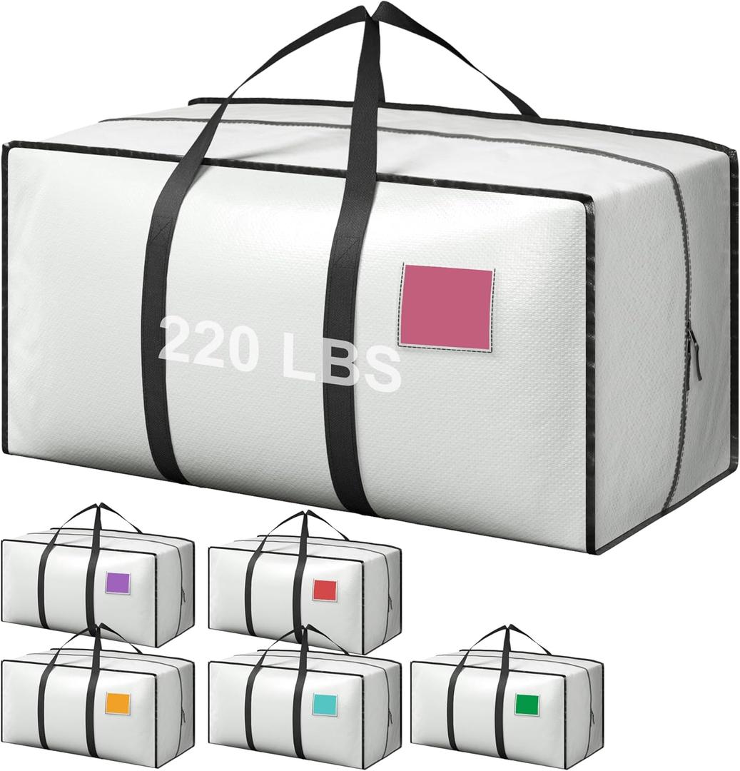 6 Pack Moving Bags Heavy Duty 210GSM with Full-Open Side Zipper, 93L 65lbs Waterproof Foldable Storage Totes for College Dorm Move-In, Moving Boxes Alternative & Home Organization,White