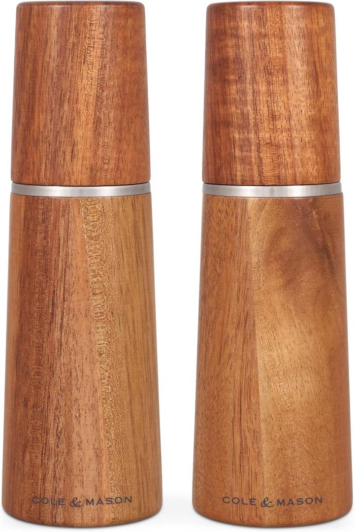 Cole & Mason Marlow Wood Mill Set - Balanced Salt and Pepper Grinders - Refillable Spice Tools - Adjustable Salt and Peppercorn Grinder Settings - Acacia Wood