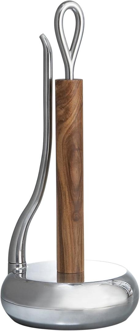 nambe Loop Towel Holder | Paper Towel Stand for Kitchen | One-Handed Operation Countertop Roll Dispenser with Weighted Base | Standard Size Roll | Made of Acacia Wood and Metal Alloy Arm