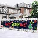 Large Merry Christmas Banner, Xmas Hanging Decorations Grinch Whoville Christmas tree Porch Sign Banner for Party Yard Outdoor & Indoor decor, 9.8 x 1.6 Feet