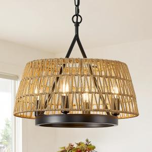 18" Woven Chandeliers 4-Light Boho Hand Rattan Ceiling Pendant Lighting Rustic Hanging Light Fixture for Dining Room, Hallway, Entryway, Kitchen,Bedroom, E12, Trapezoid-17.7''-V