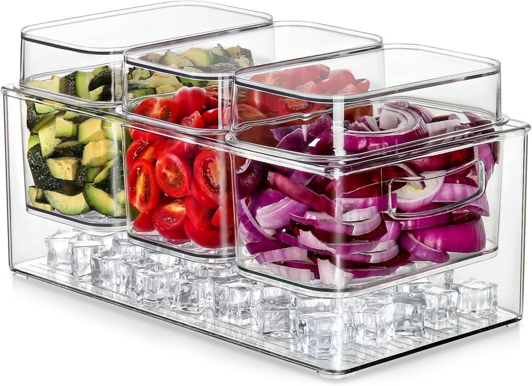 Hudgan Large Taco Bar Serving Set for Party with 3 Containers(50 Oz), Mimosa Bar Accessories with Separate Lids, Chilled Condiment Caddy Organizer for Salad, Fruit, Party Garnish