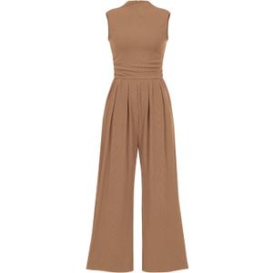 PRETTYGARDEN Womens Summer Jumpsuits Dressy Casual One Piece Outfits Sleeveless Mock Neck Wide Leg Pants Rompers with Pockets (Beige, XXL)